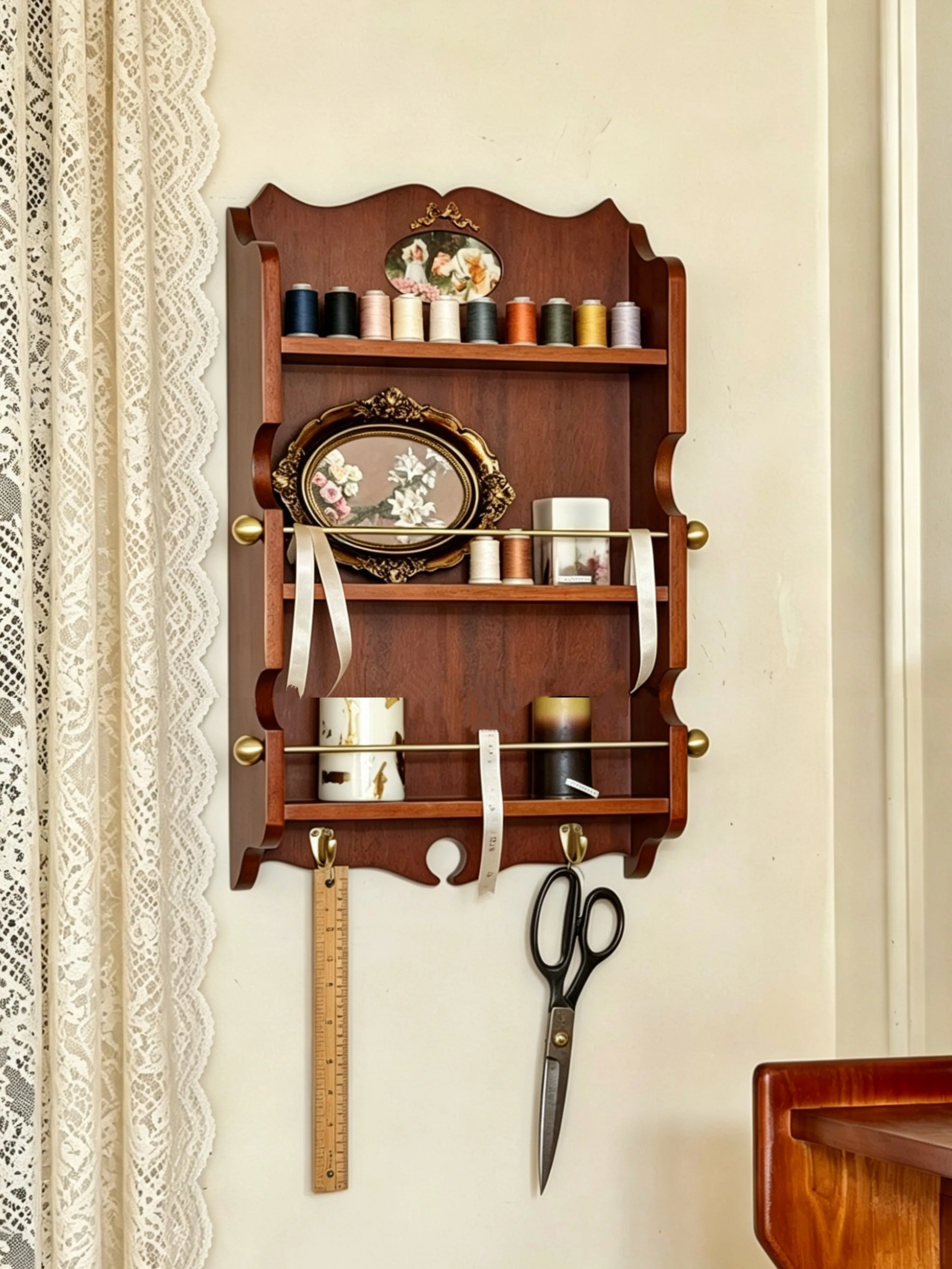 DSA medieval retro multi-functional tray rack storage rack bedroom porch kitchen solid wood brass hook wall cabinet