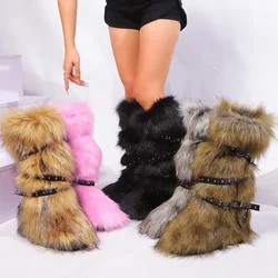 Women's Winter Sexy High Snow Boots 2025 New Cross Belt Buckle Fur Fuzzy Long Cotton Boots Anti-slip Warm Knee-high Women's Boot