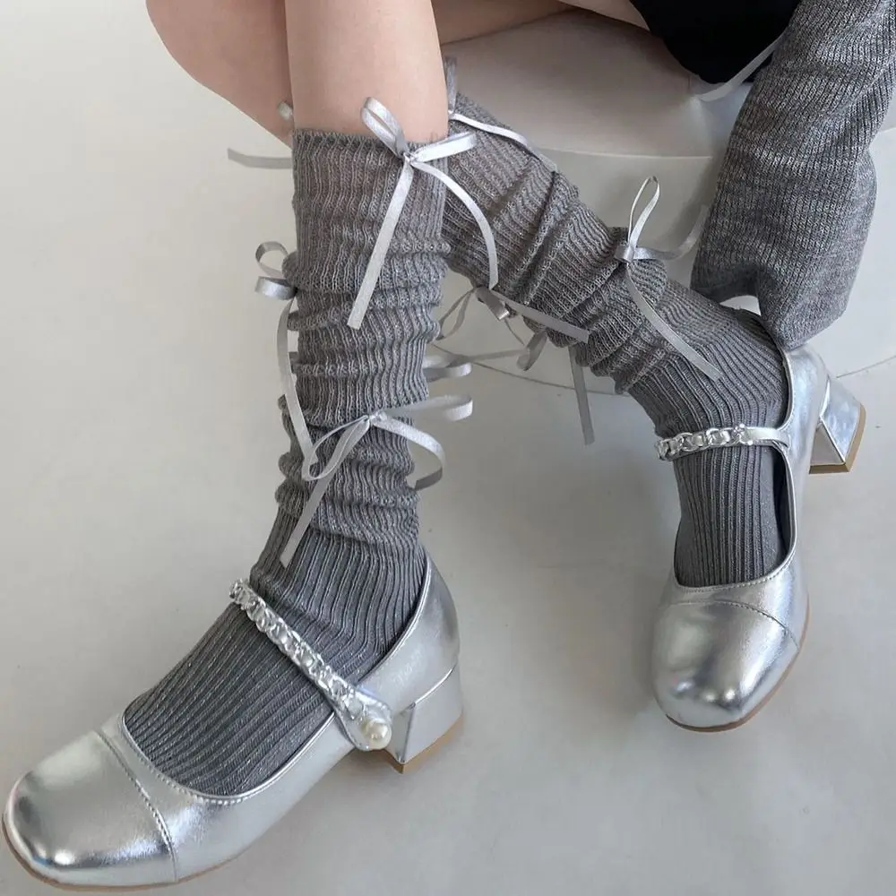 

Solid Color Lolita Stockings Cotton High Tube Women's Socks Multi Bowknot Decoration Elastic Bow Calf Socks Lolita Fashion