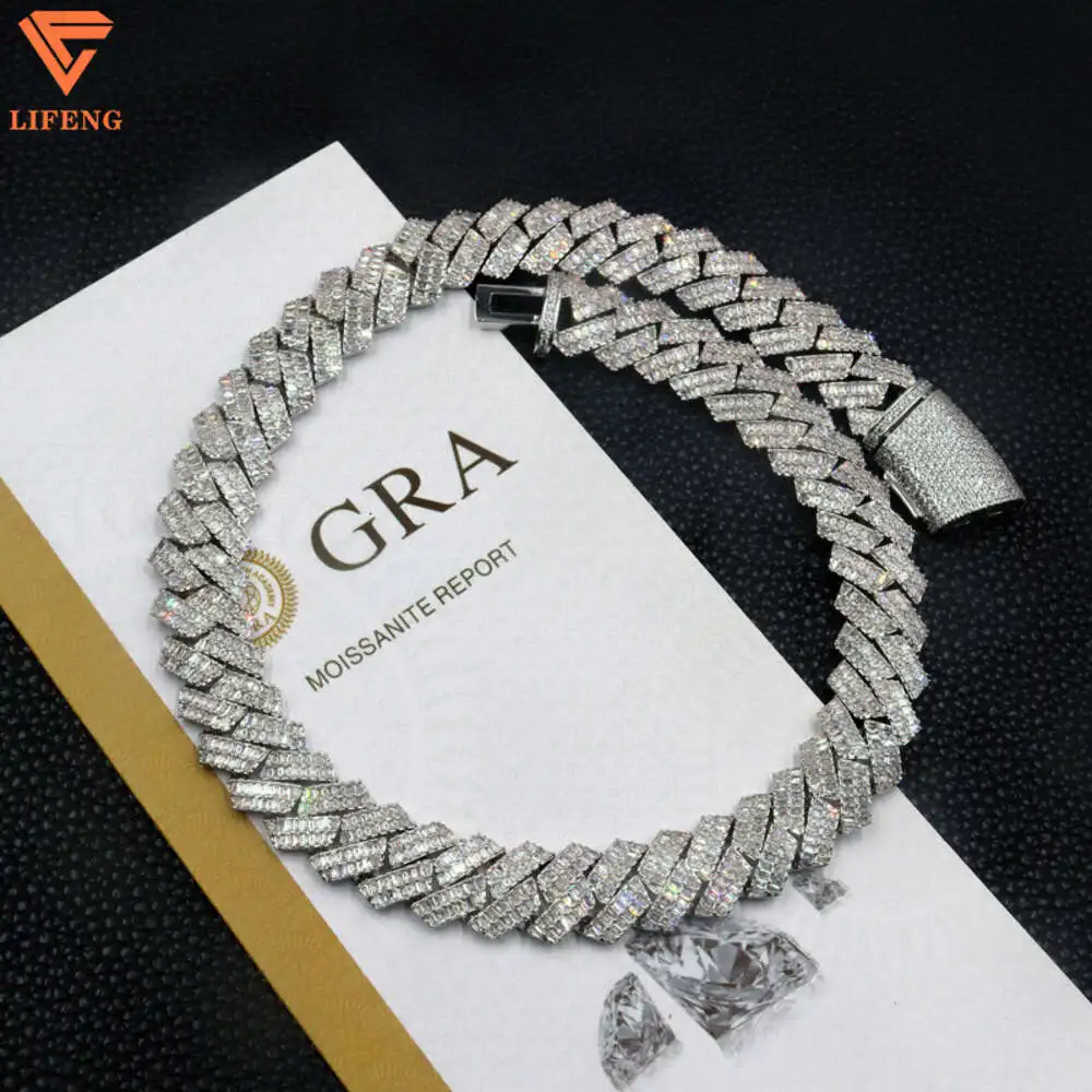 

Pass Diamond Tester 16mm Wide 2 Row Baguette Diamond 925 Silver Cuban Link Chain for Mens Gra Vvs Moissanite Hip Hop Necklace