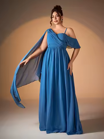 Mgiacy off-the-shoulder strappy pearl chiffon lotus leaf single-shoulder fluttered high-end evening dress