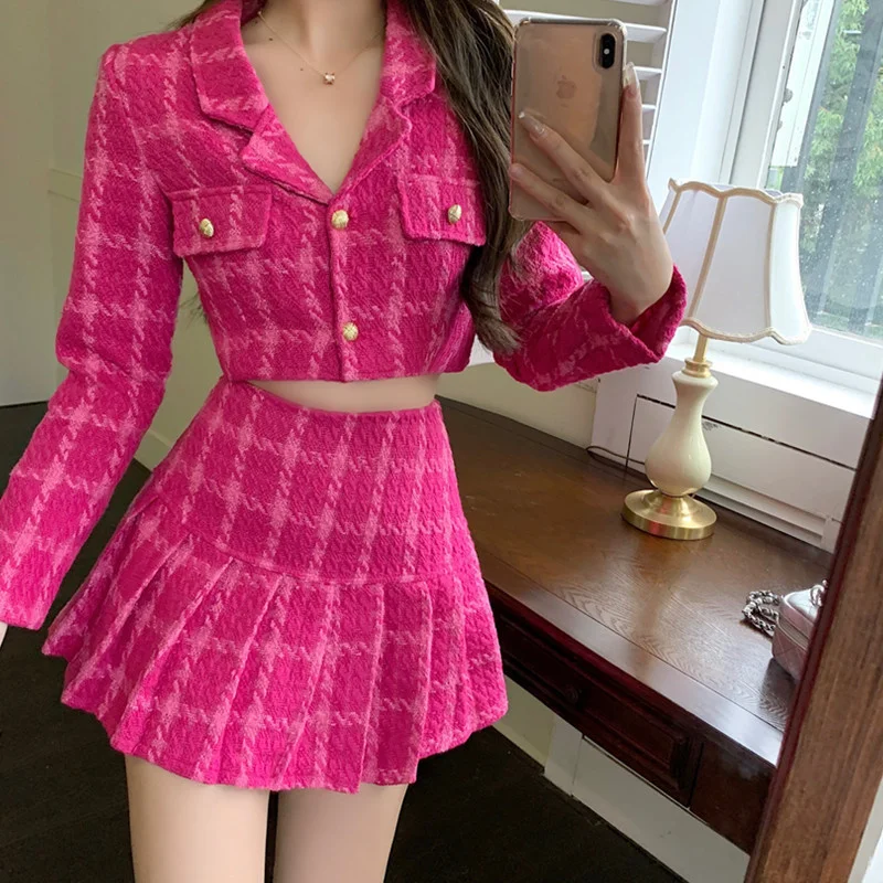 

Fall Small Fragrance Vintage Tweed Two Pieces Set Women Crop Top Woolen Short Jacket Coat + Mini Skirts Sets Sweet 2 Piece Suits