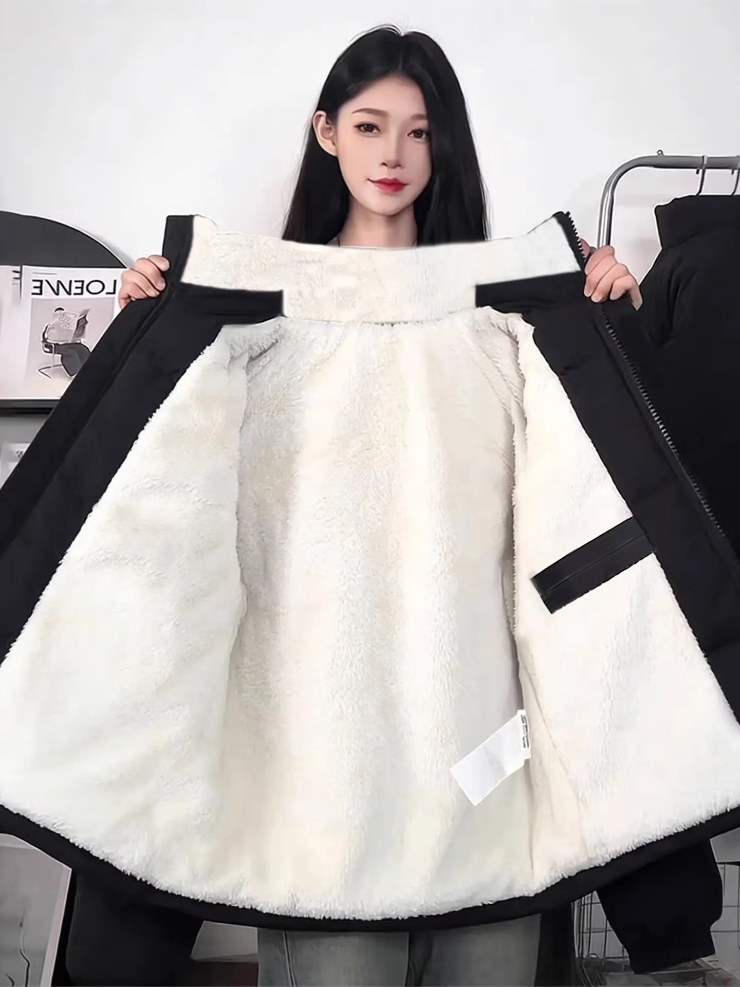 

Thickened American Style Lamb Velvet Cotton Jacket for Men And Women Warm Stand Collar Downproof Zipper Closure Long Sleeve Coat