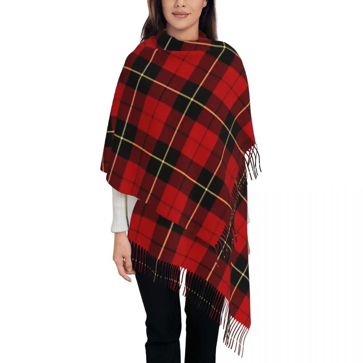 Clan Wallace Tartan Classic Red And Black Plaid Scarf Tassel Scarves Women Warm Shawls and Wraps Large Fall Winter Shawl Wrap