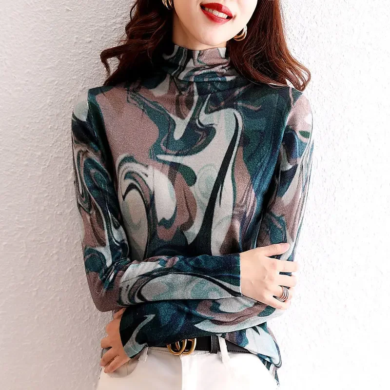 2023 Spring and Autumn Women's New High Collar Ink Green Elastic Fashion Printing Loose Versatile Comfortable Bottom Shirt