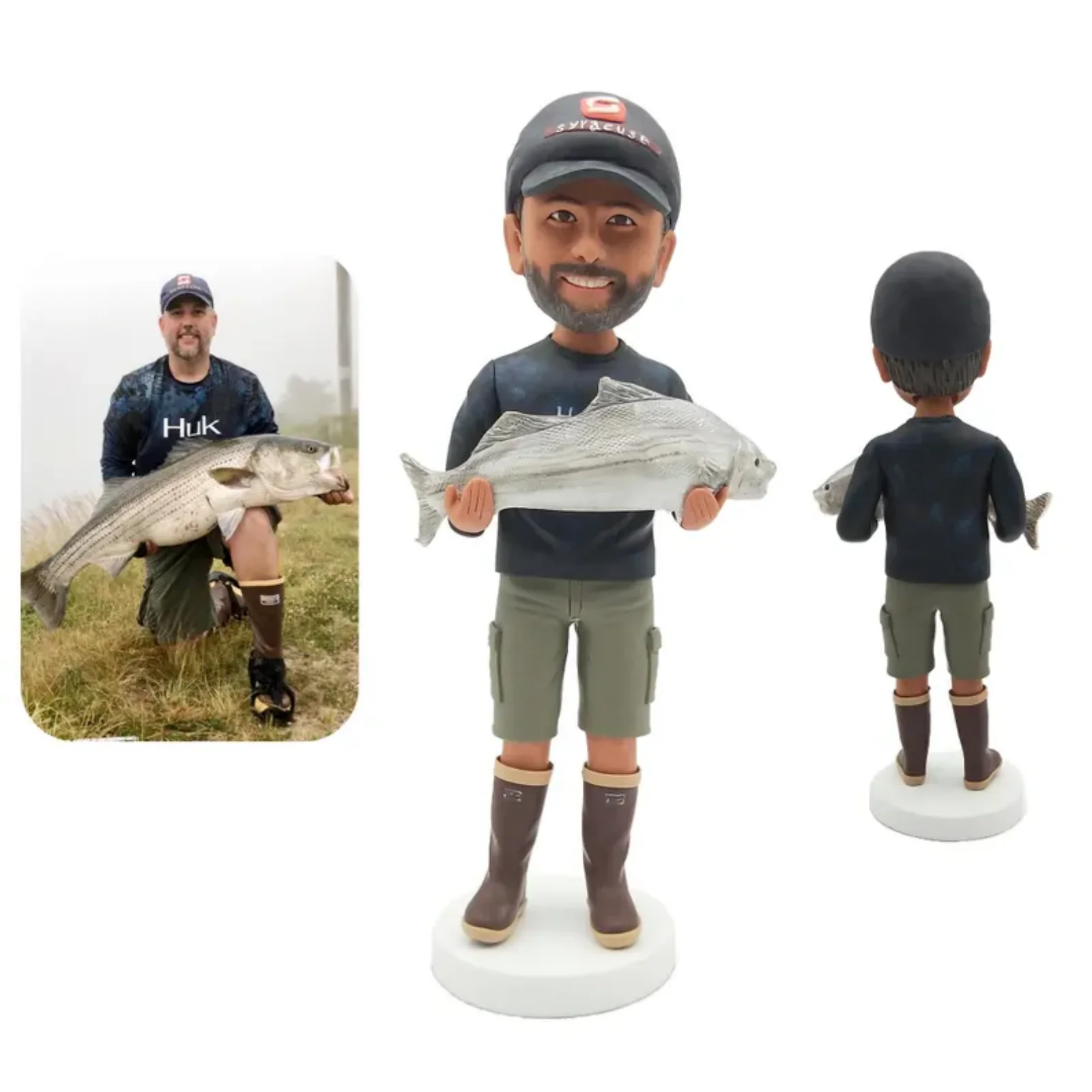 Custom Fishing Bobblehead from Photo, Personalized Fisherman Figurine with Fish, Handmade Birthday Gift for Him