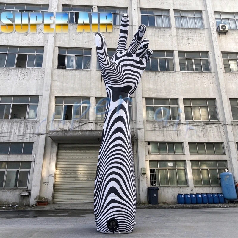 Giant Inflatable Hand Sculpture, Black White Wave Pattern Art Installation for Festival, Mall, Gallery, Event Exhibition Decor