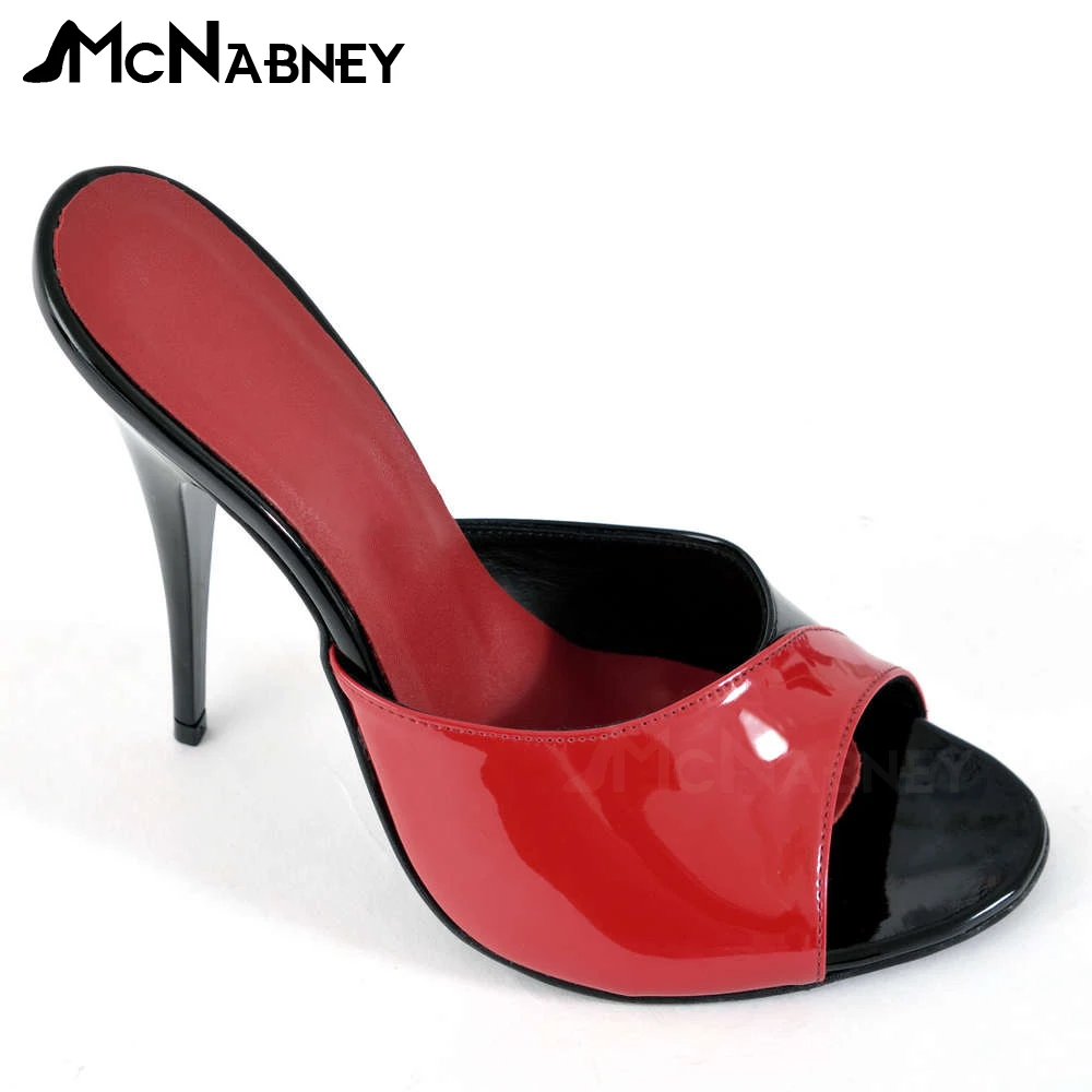 Black Red High-Heeled Mules Peep Toe Patent Leather Stiletto Sandals Sexy Summer Slippers Custom Color Large Size for Women Men