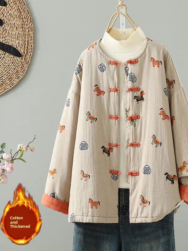 

New Chinese Sle Thiened Cotton Jaet Women's Winter Retro Print National Sle Zen Collar Button up Warm Cotton Coat