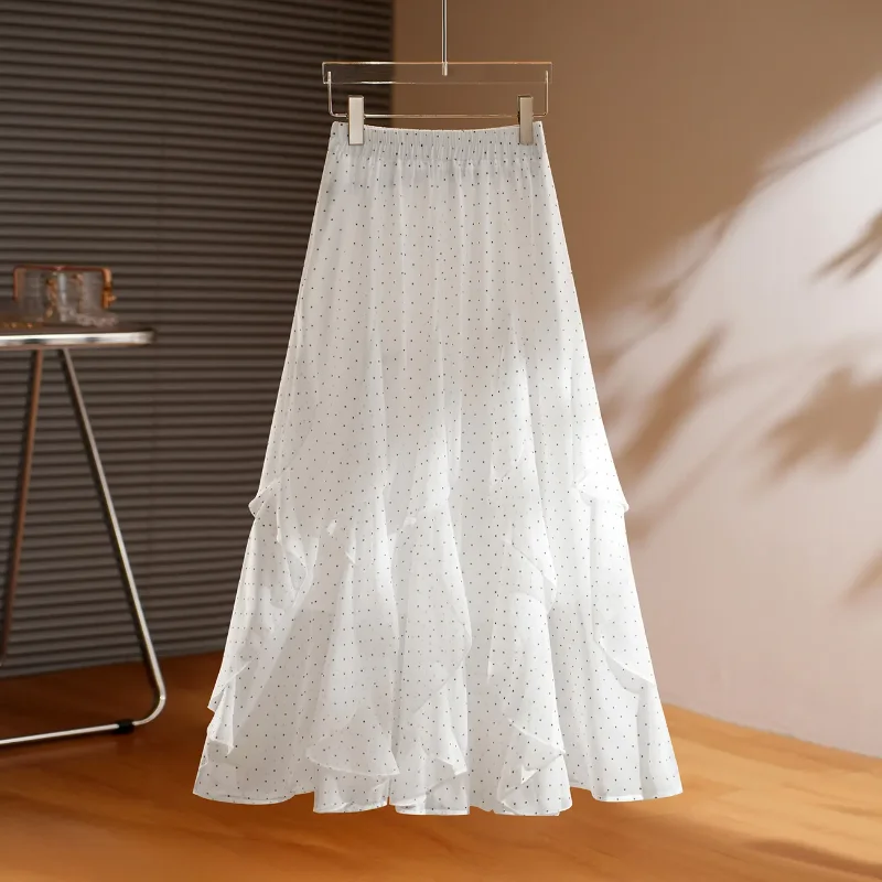 

Women's White Polka Dot Chiffon Skirt Elastic Waist Ruffle A-line Casual Maxi Skirt