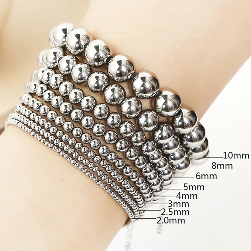 Fashion Jewelry Women Gifts Waterproof Metal Steel Ball High Quality Smooth Diameter 3-4-6-8mm Elastic Stainless Steel Bracelet