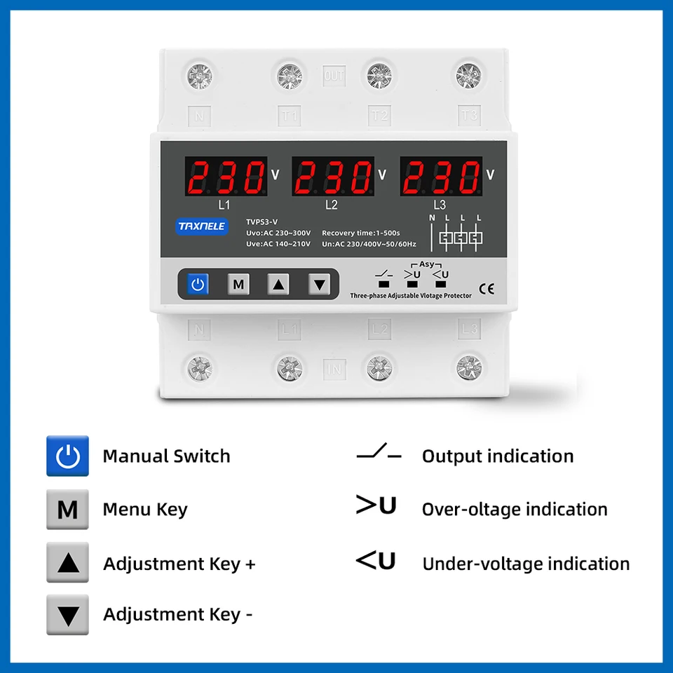 Commutateur Automatique Triphasé ATS 100A Avec Protection Surtension/Sous-Tension/Surintensité – 220V 3P