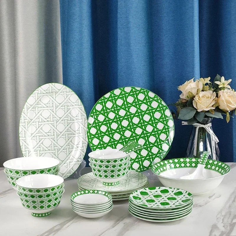 Green Grid Pattern 34-Piece Bone China Tableware Set Household Modern Simple Dishes Spoons