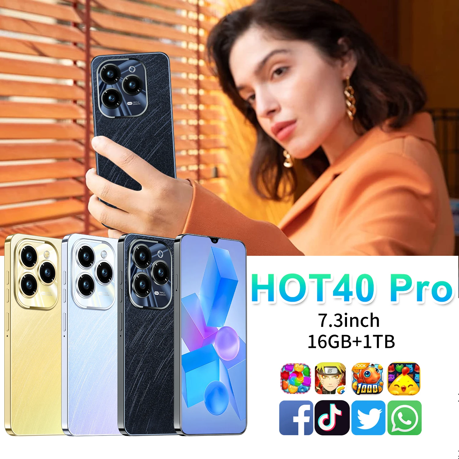 Original HOT40 Proสมาร์ทโฟน5G 7.3 HDหน้าจอAndroid14 Snapdragon 8gen2 10core Dual SIMโทรศัพท์8000MAhปลดล็อคโทรศัพท์มือถือ