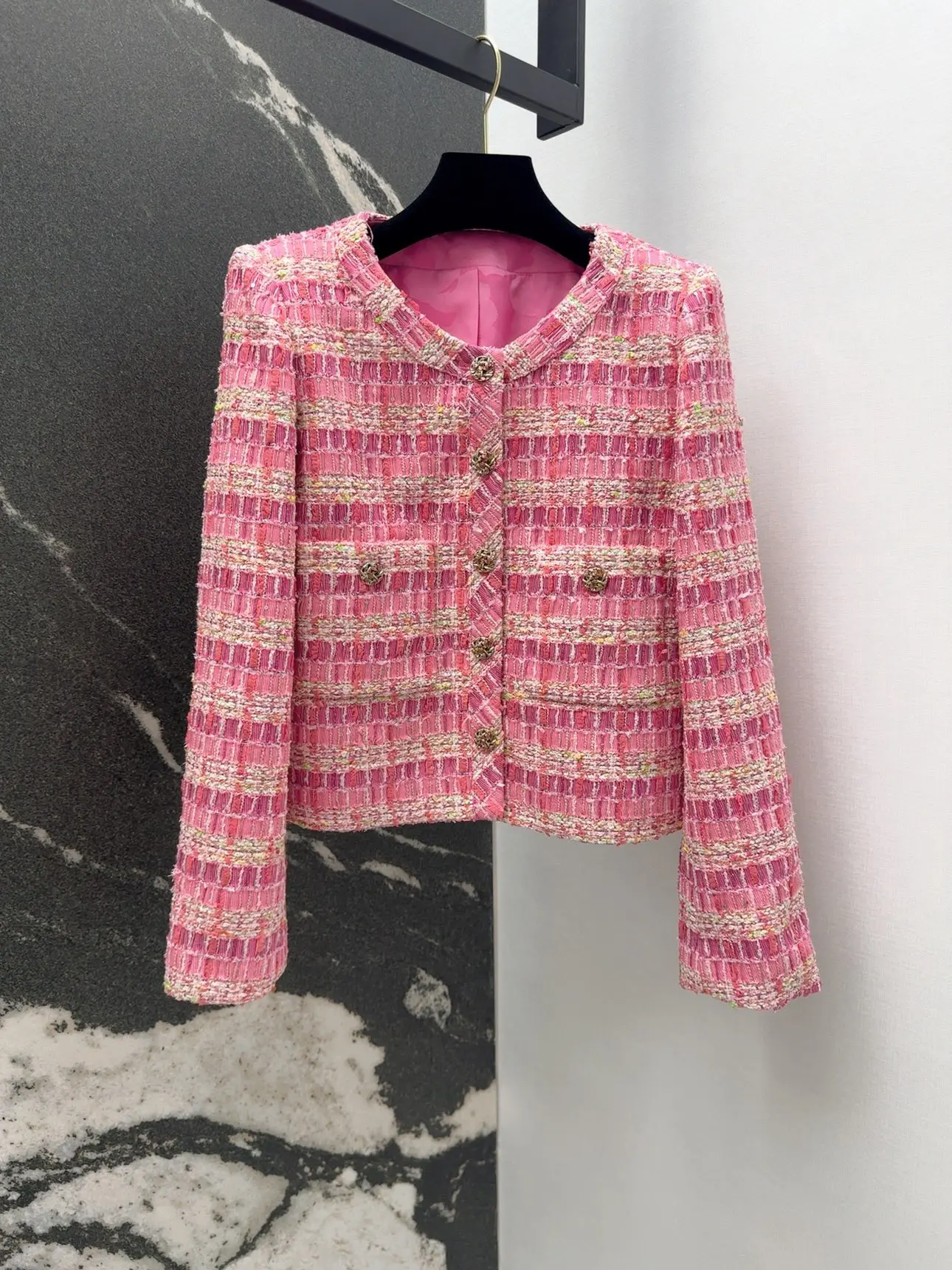 2024 Autumn New Women's Clothing Colorful yarn striped woven woolen three-dimensional cutting tweed jacket 0822