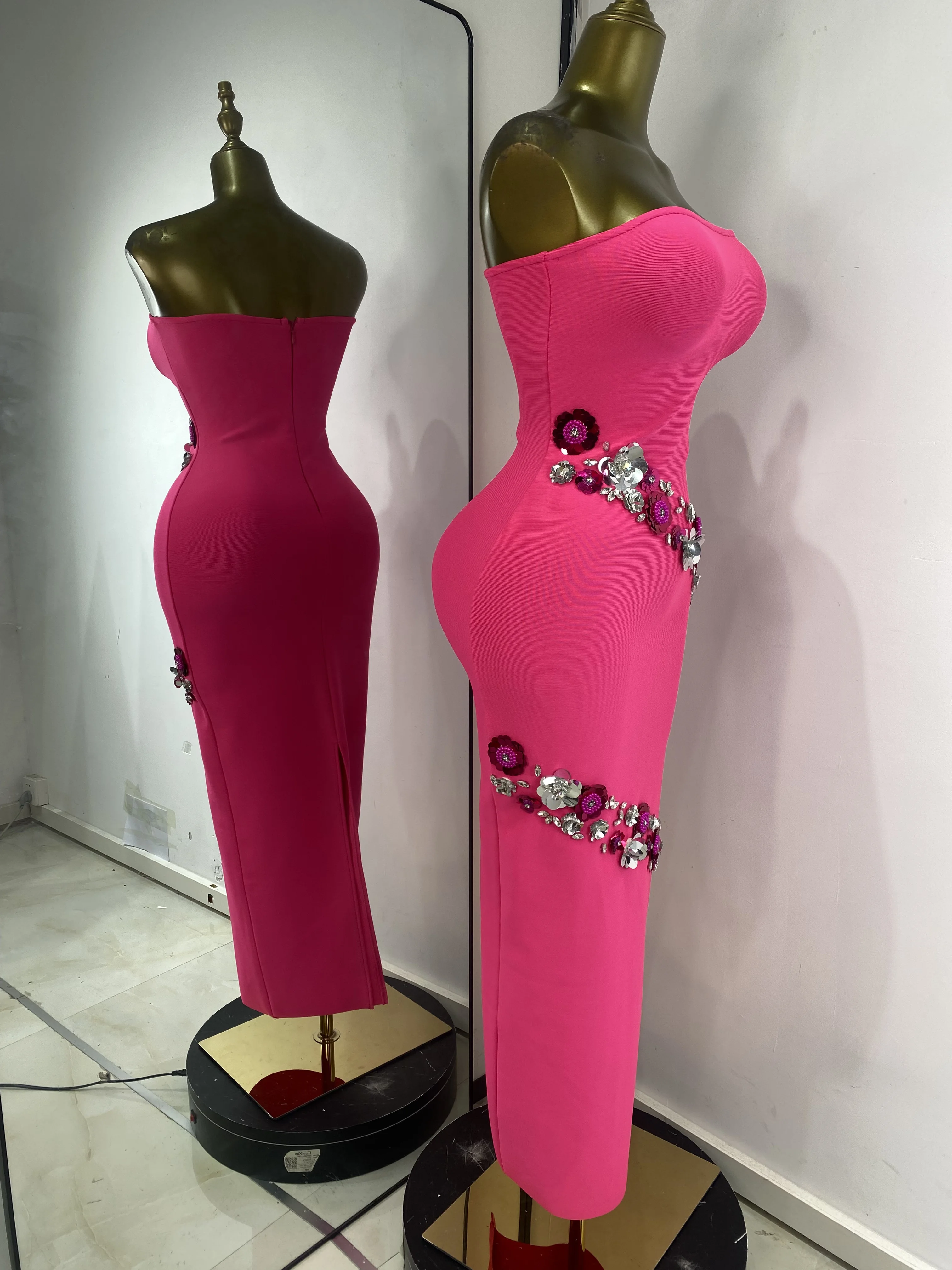 Women New Design Bandage Dress Hot Pin Straples Rhinestones Sequines Flower Long Birthday Celebrity Evening Club Party Dresses