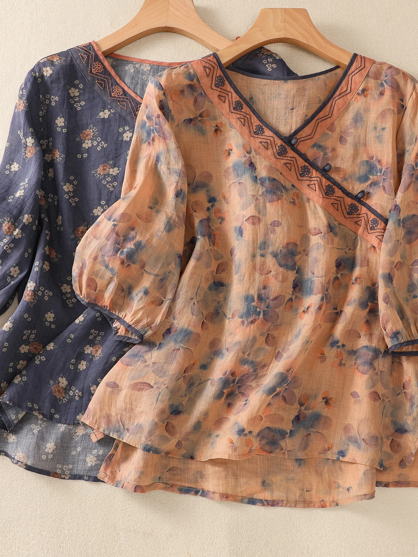 

Женский свободный крой Midi irt в китайском стиле в стиле ретро с цветочным принтом V-Ne ort Sve, повседневный топ большого размера Ele Faionable