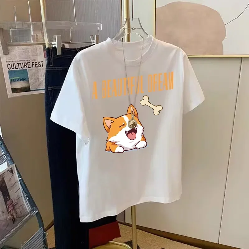 Original cotton design Cartoon creation A Beautiful dream corgi printed men and women summer relaxed round neck top y2k clothes