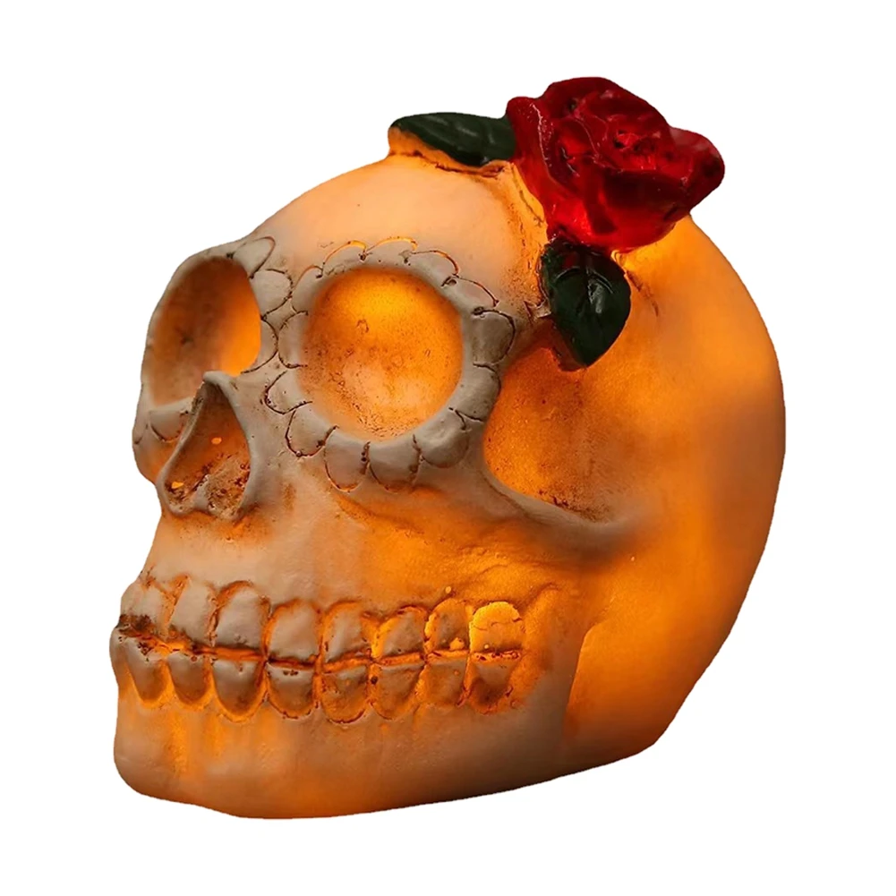 

1 pcs Small Halloween Resin Skull Decoration Rose Skull Holiday Decoration Props With Battery