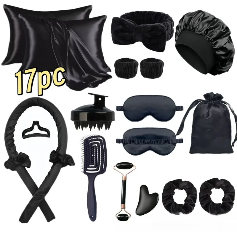 17PCS Styling Kit - Heatless Silk Curler with Sleeping Mask and Shower Cap for Women and Girls Beauty Kit for Travel and Home
