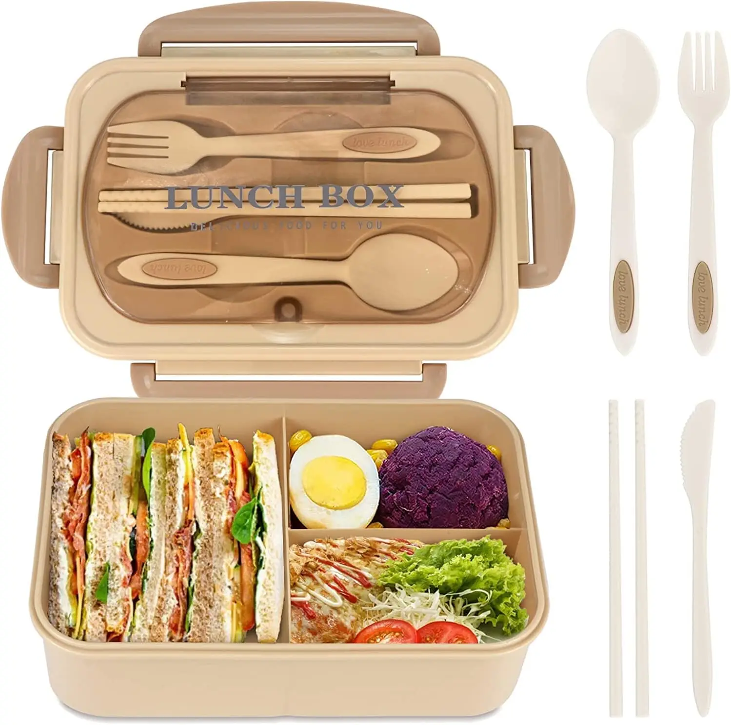 1200ML Bento Lunch Box For Adults Office Picnic, Leak-Resistant Container With Utensils, 3 Sections, Microwave-Safe ﻿ view 6