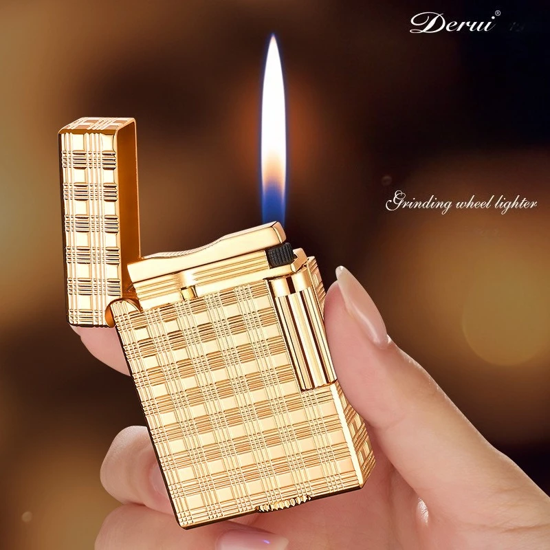 Derui Classic Carved Simple Luxury Business Grinding Wheel Inflatable Side Sliding Lighter Collection Gift Men Cigarette Lighter