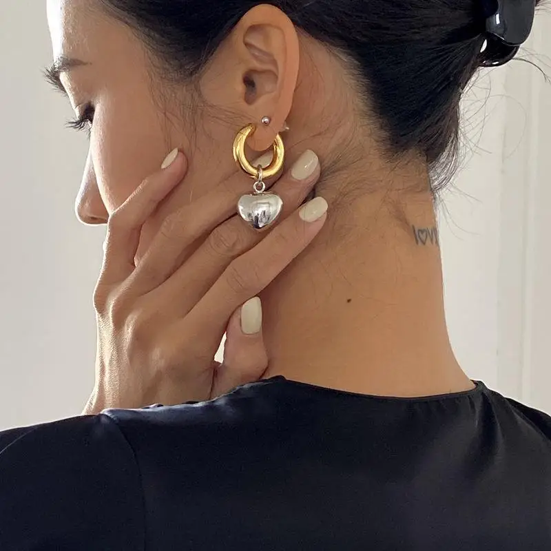 New Statement Minimalist Gold Silver Color Mixed Solid Heart Pendant Hoop Earrings Street Style Korean Fashion Party Jewelry