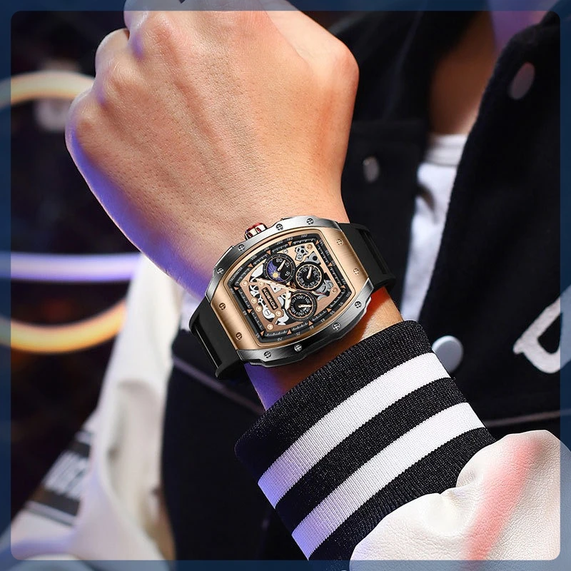 

FOXBOX - Мужские молодежные спортивные многофункциональные водонепроницаемые кварцевые часы в форме винной бочки с календарем и полым дизайном 0015