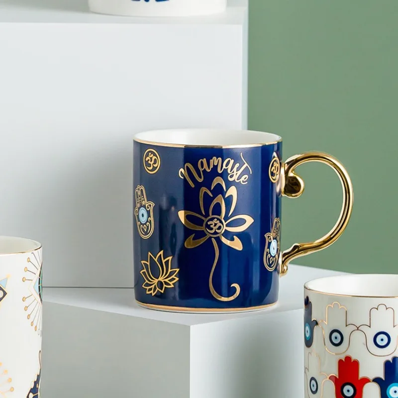 European Style Luxury Ceramic Coffee Mug Gold Painted Flowers Office Teamug Home Breakfast Milk Cup Couple Gift Home Decoration