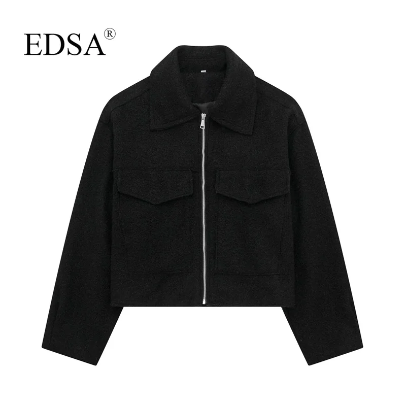 EDSA Women Solid Bomber Jacket with Flap Pockets Front Zipper Lapel Autumn Winter Casual Cropped Outerwear