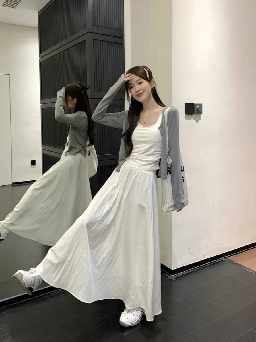 

Women's Early Autumn Gentle Camisole Cardigan White A-Line Skirt Long Skirt Three-Piece Set Small Size Milk System Outfit
