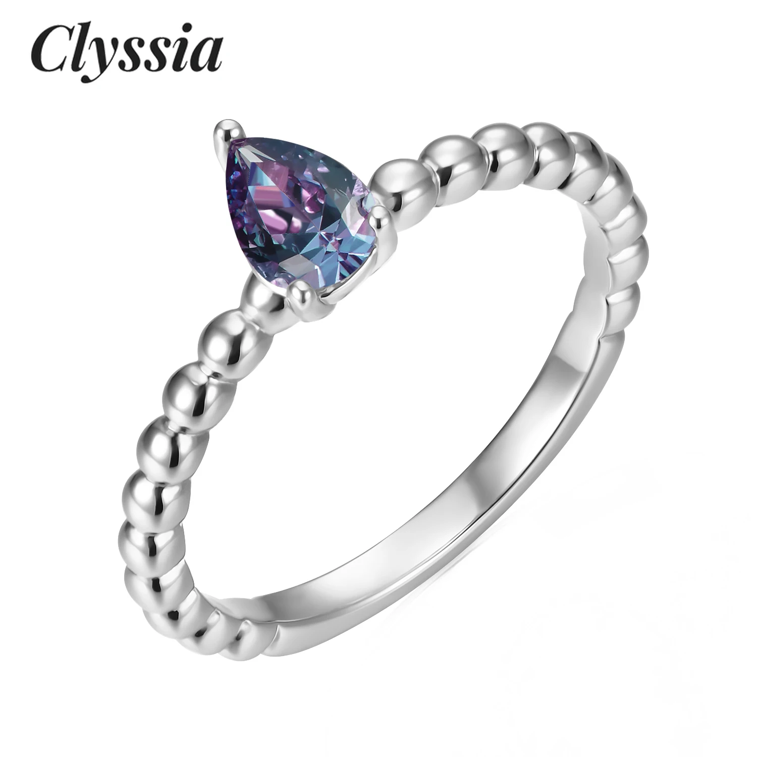 

CLYSSIA 100% Silver 925 Gemstone Jewelry Teardrop Cut Alexandrite Simple Dainty Ring for Women wedding party Jewellery Gifts