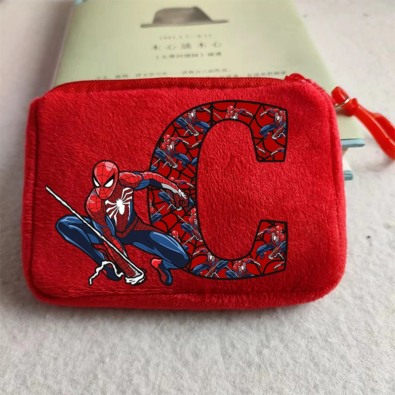 Marvels SpiderMans Kids Plush Coin Purse Boys Kawaii 26 Letter Printed Wallet Kids Portable Mini Storage Bag Child Birthday Gift