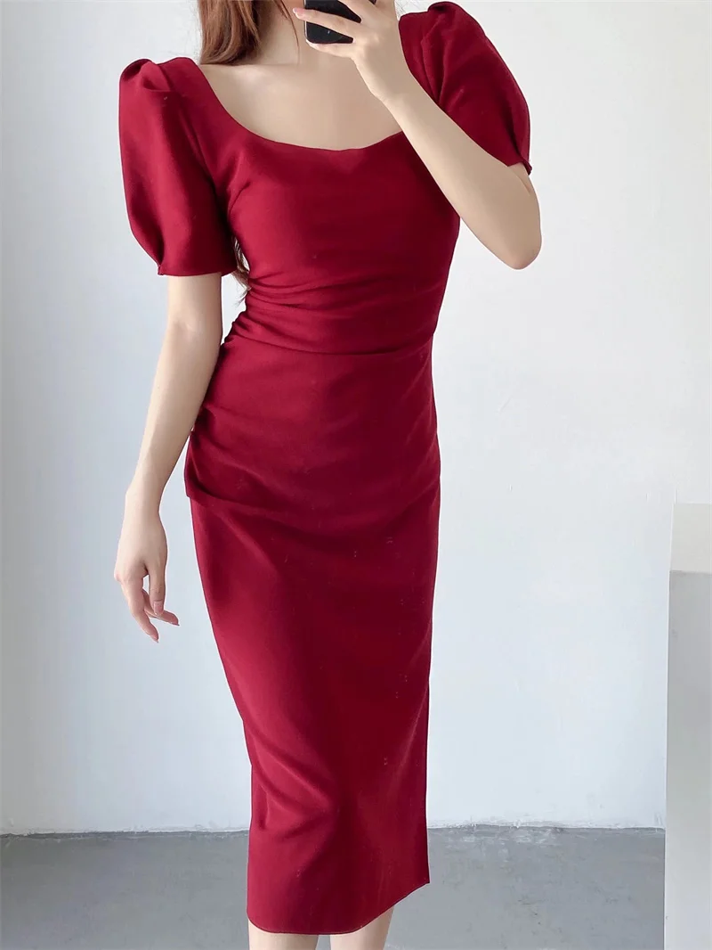 Ele Vintage Long Slim Fit Bubble Sve مثير سبليت Dr ساحة طوق Bodycon Dr Street Sle عالية الخصر ort S...