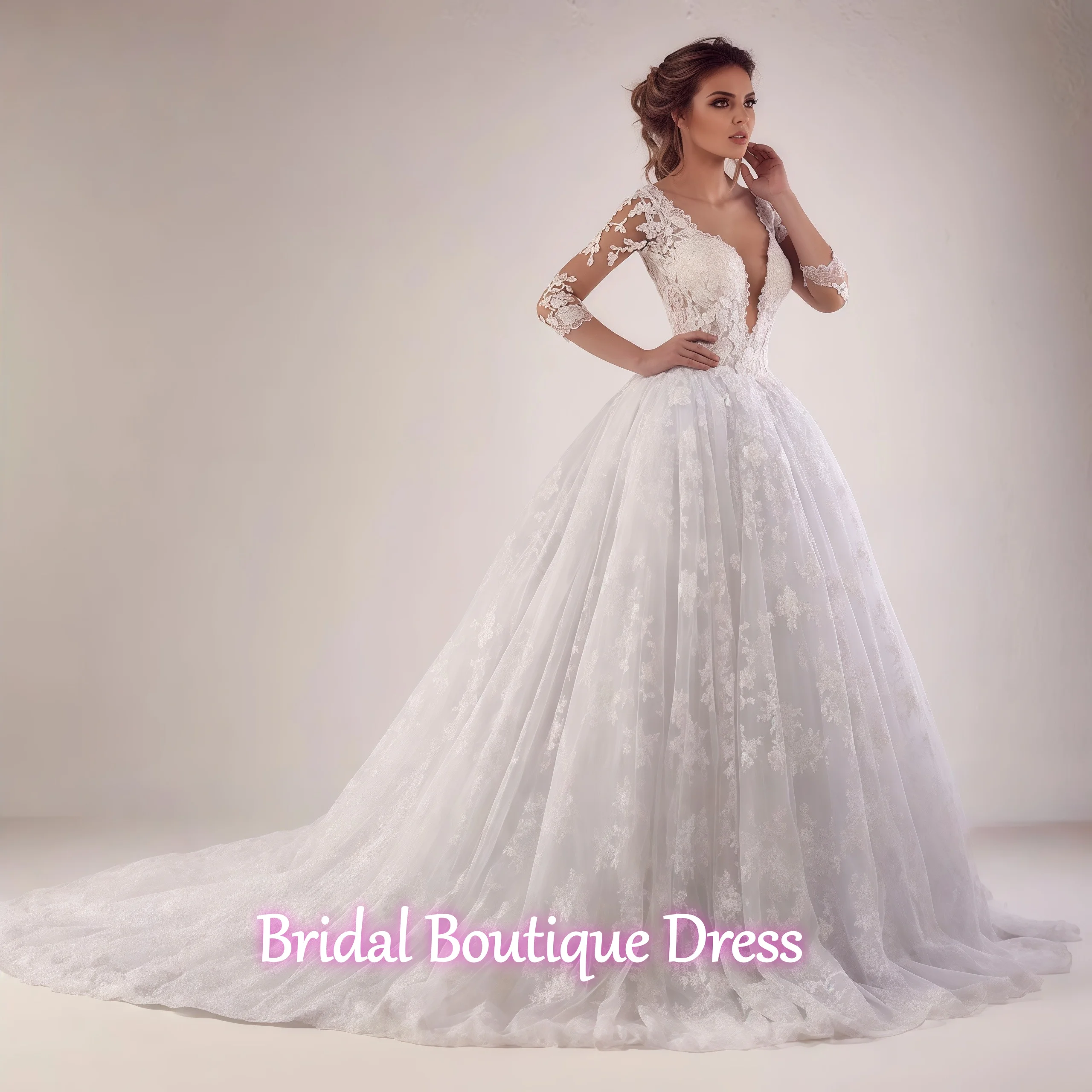 Abiti da sposa personalizzati squisiti con abito da ballo in pizzo a linea A per la sposa Abiti da sposa africani da giardino a maniche lunghe con collo trasparente