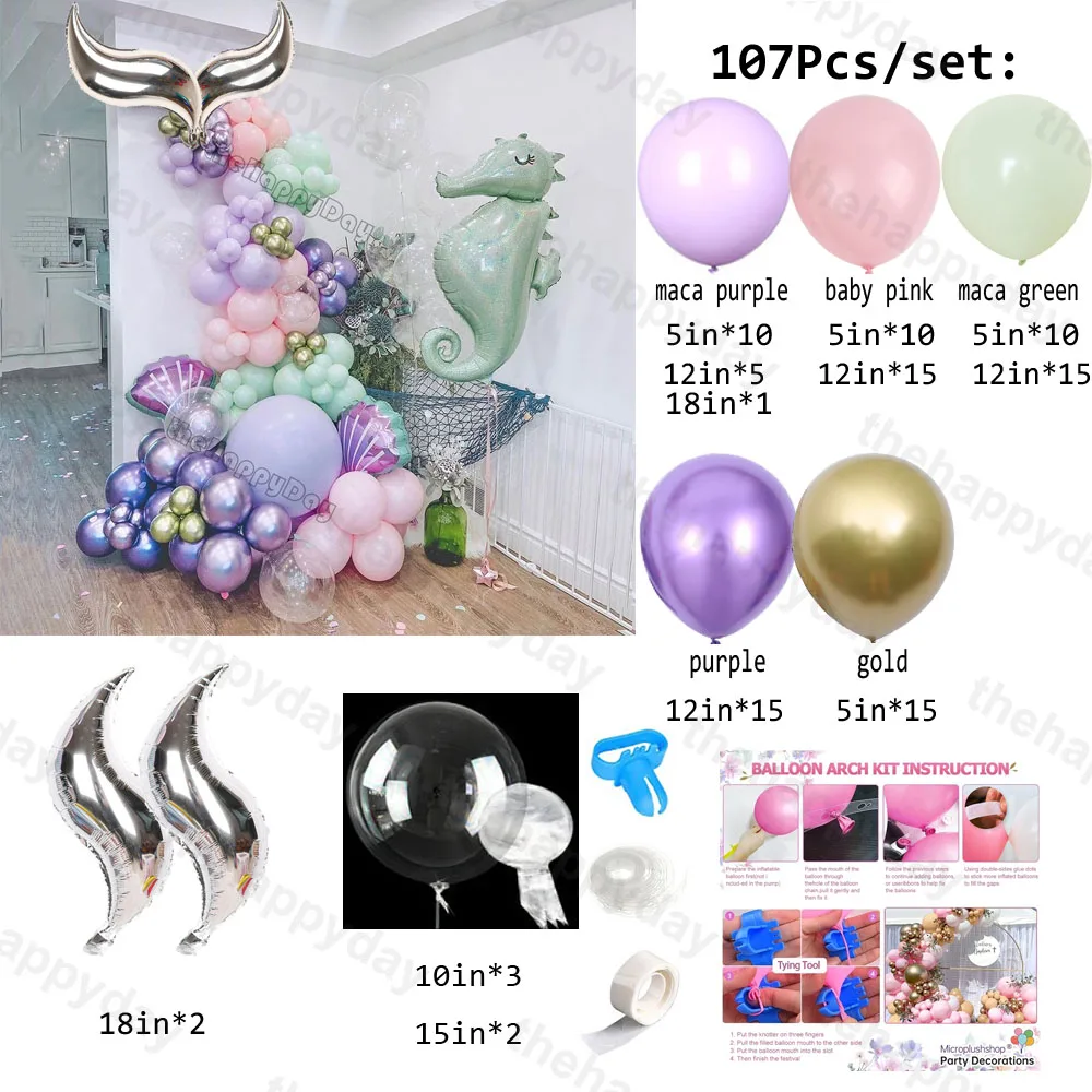 107Pcs Mermaid Tail Shell Balloon Arch Garland Kit Macaron Balloons Wedding Baby Shower Girls Mermaid Birthday Party Decor