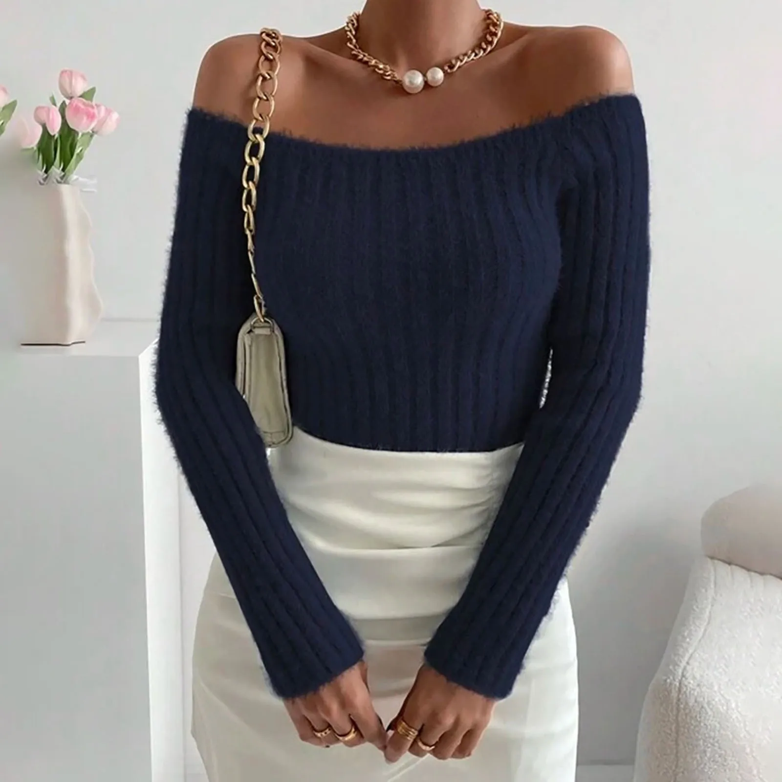 

Women's Fall Spring Off Shoulder Womens Loose Oversize Turtleneck Wool Long Pullover Sweater Dress Business Casual Outfits Men