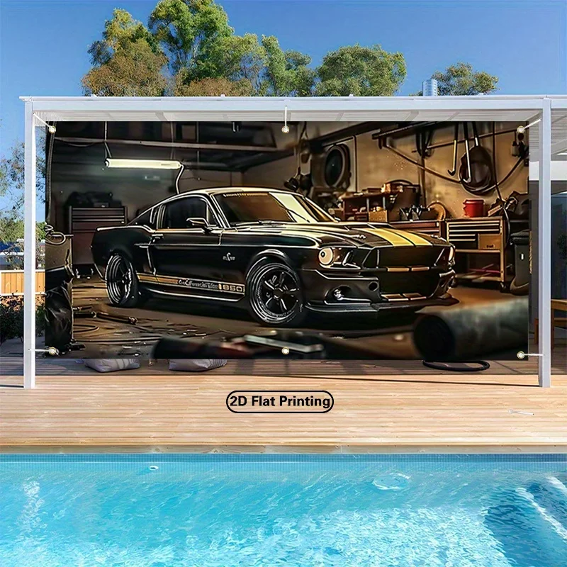 Parking lot banner 2D plane, parking gate banner, classic car, parking lot decoration, black and gold muscle car design