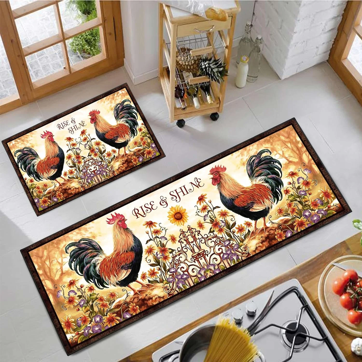 

Rooster Kitchen Decor Rug Country Farmhouse Sunflower Kitchen Floor Mat, Chicken Absorbent and Washable Runner Decorations Rug