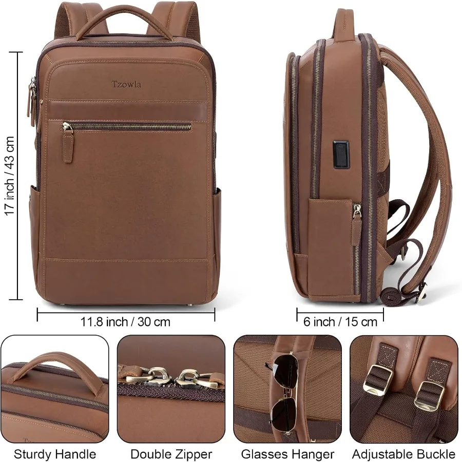 حقيبة ظهر للكمبيوتر المحمول من الجلد من Tzowla للرجال والنساء حقيبة ظهر للعمل والسفر تناسب حقيبة الكمبيوتر المحمول مقاس 15.6 بوصة مع USB و T #4