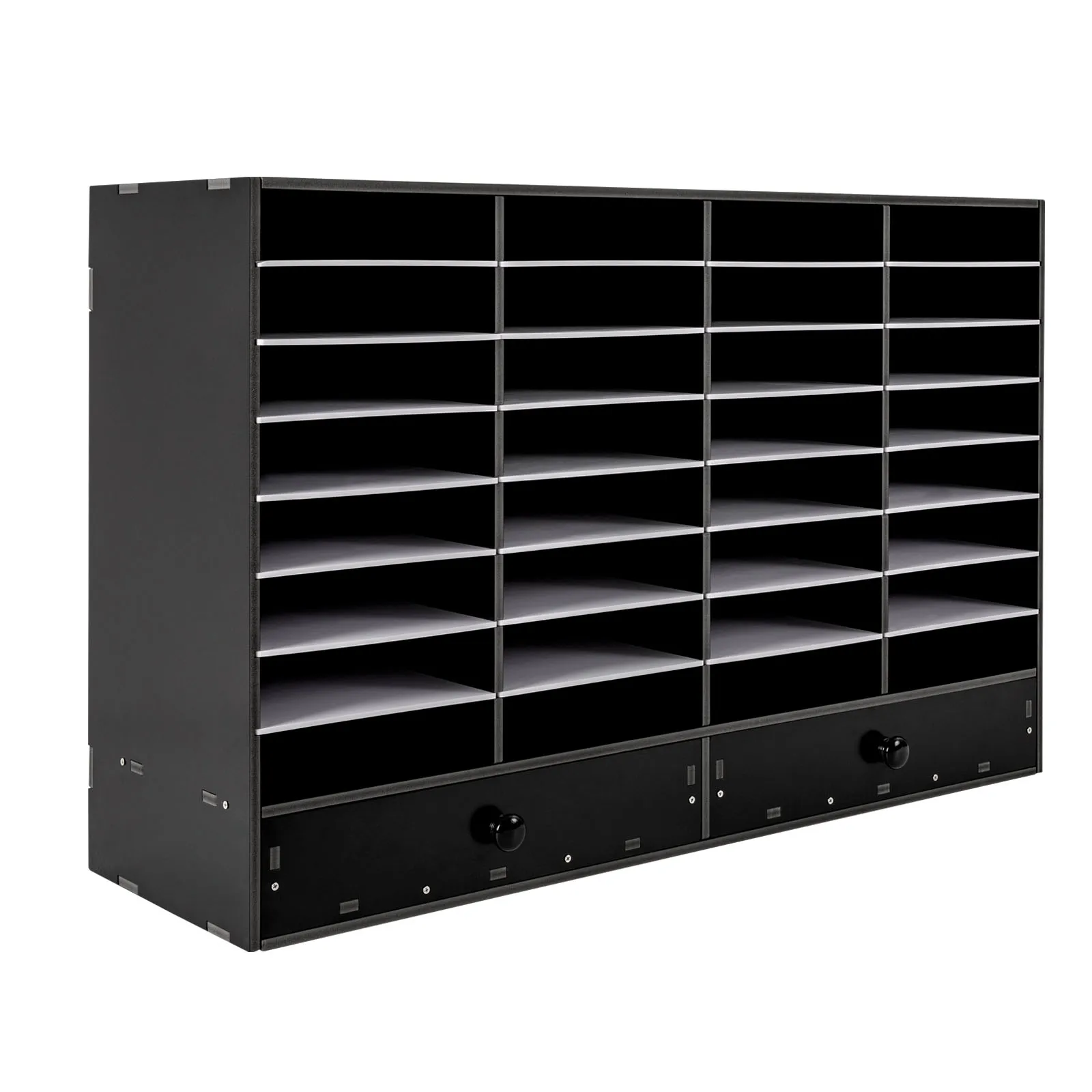 Adjustable Literature Organizer, 32 Compartment with 2 Drawers, Black, Durable, Removable Shelves Stackable Home, Office