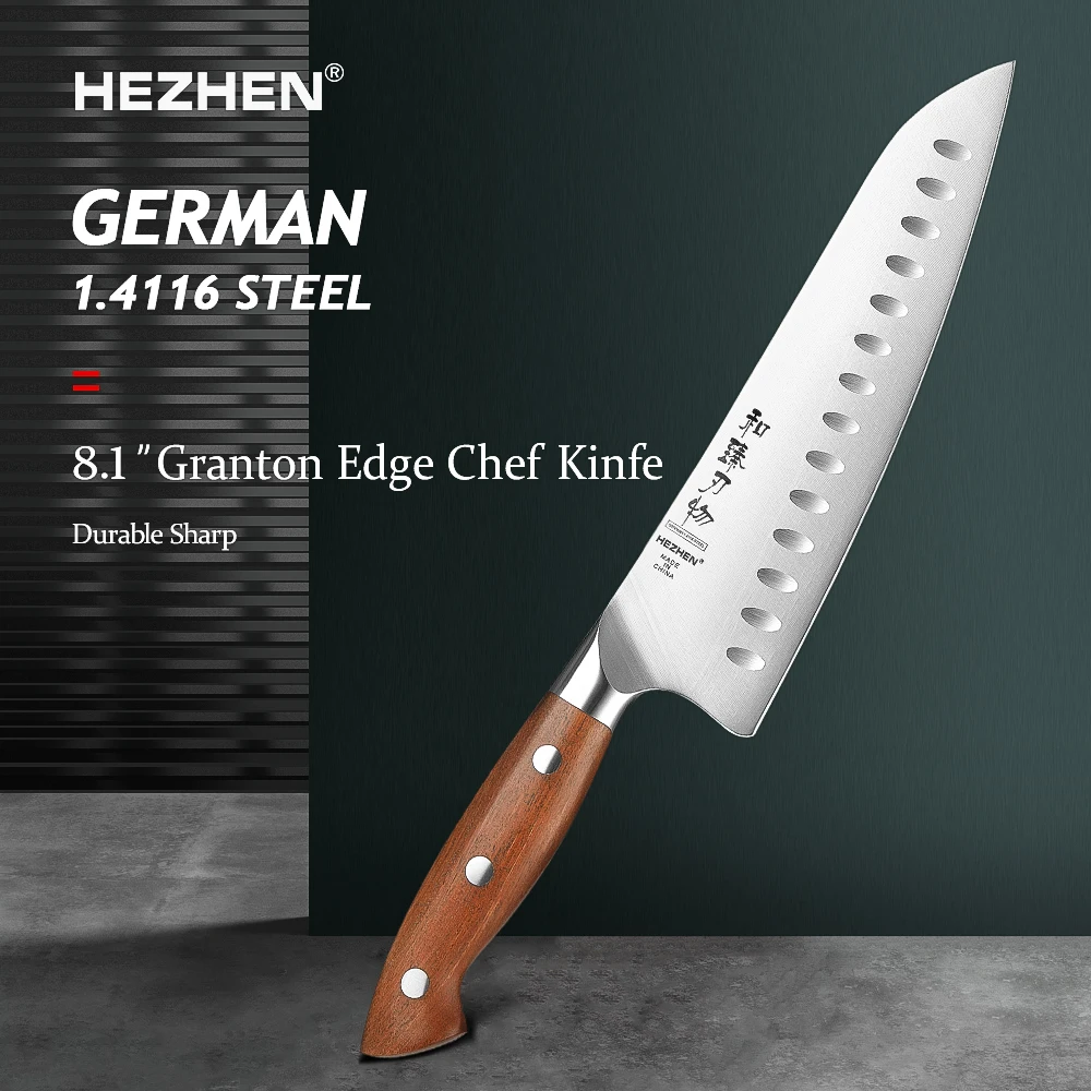 HEZHEN 8.1 Inch Granton Edge Chef Knife Original German Din 1.4116 Steel Kitchen Knives Gift Box Cooking Tools Redwood Handle