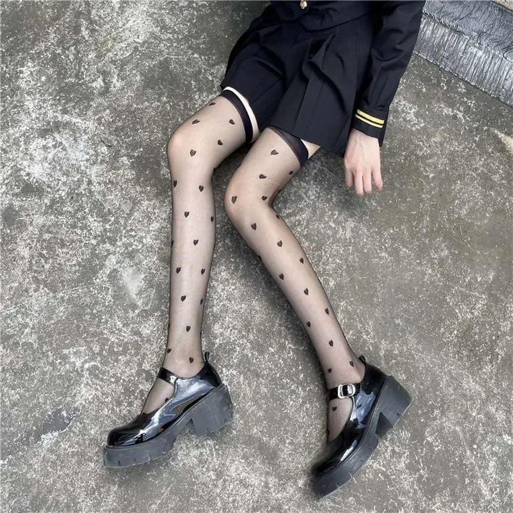 Summer Ultra-thin Transparent Stockings Love Heart Over Knee Socks Women's Ins Tide College Style JK Stockings