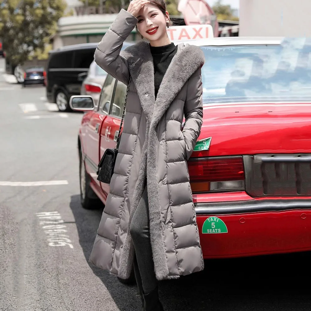 2023 Winter Long Cotton Padding Jacket Women Korean New Knee Length Down Cotton Coat Female Fur Splice Thicken Warm Hooded Parka