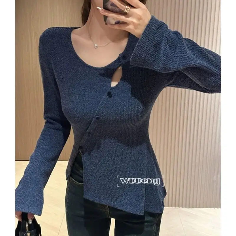 

Сплошной цветной пуловер, модный нерегулярный полый осенне-зимний тонкий топ с длинными рукавами и разрезом для женщин