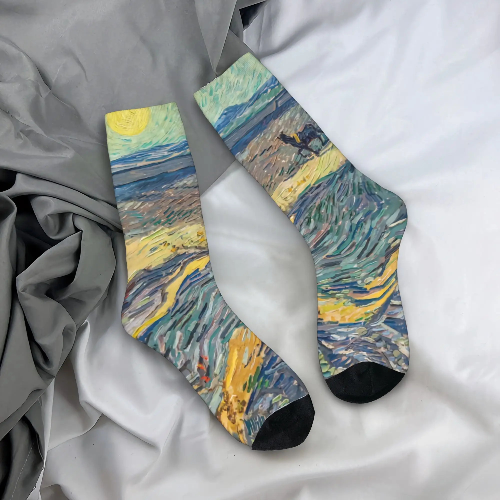 حقل فان جوخ مع الحراثة المزارعين الجوارب جوارب الربيع Harajuku الرجال الجوارب المريحة مخصص تسلق الجوارب المضادة للبكتيريا