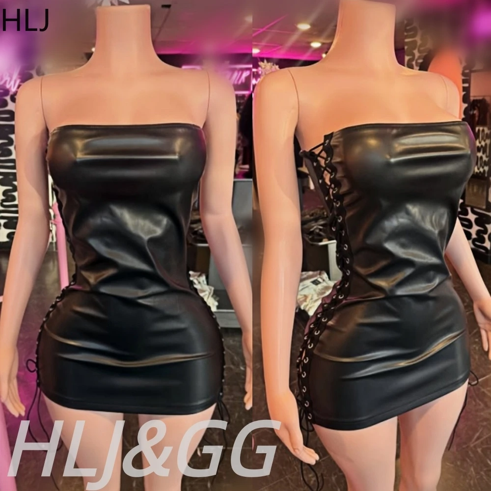 

HLJ Black Sexy Leather Side Bandage Bodycon Mini Tube Dresses Women Sleeveless Backless Slim Vestidos Fashion Dress Streetwear