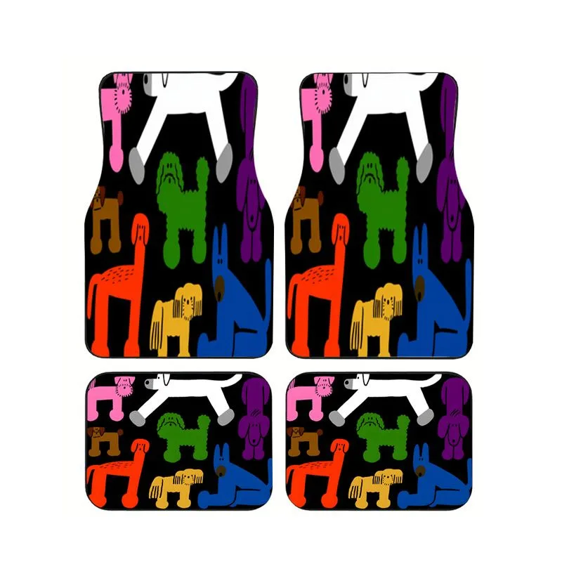 

Colorful Cartoon Abstract Dog Print Car Floor Mats 4pcs Universal Anti-slip Carpets For Car Interior Accessories Men Women Gift