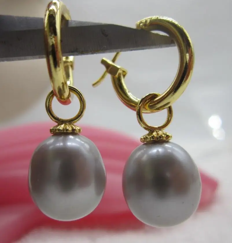 hot Huge AAA 12-13mm natural tahitian gray round Pearl Earrings  set  14k gold