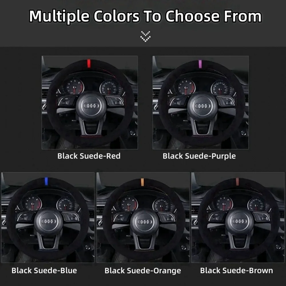 Hand Sewing Steering Wheel Cover Soft Suede Leather Sweat-Absorbent Breathable Car Steering Wheel Cover Car Accessories 36-38CM